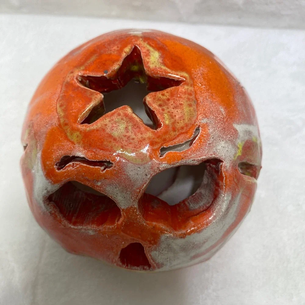 Handmade‎ Ceramic Ugly Face Jack-O-Lantern  Candle Holder Orange Glazed Folk Art